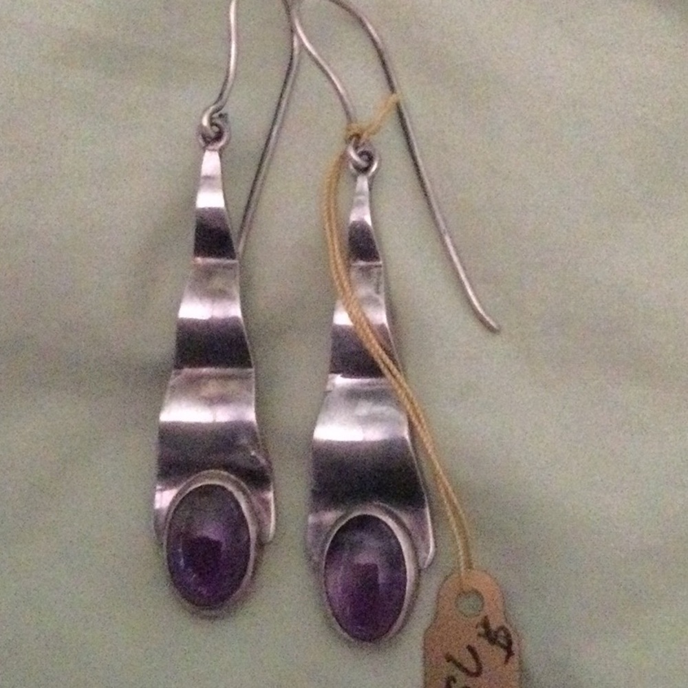 Sterling Silver Amethyst Drop Earrings - Purple